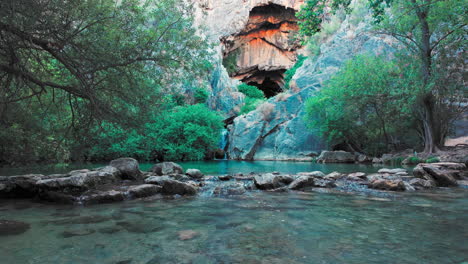 cueva del gato natural monument cave with waterfall in ronda, spain, moving forward
