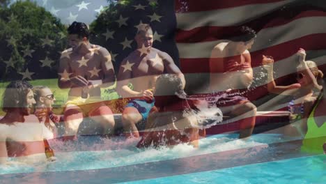 Grupo-De-Amigos-En-Una-Piscina-Y-La-Bandera-Americana-Para-El-4-De-Julio