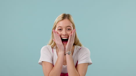 surprise, wow and face of woman on blue background