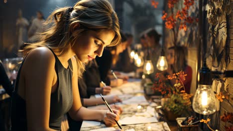 creative artist engaged in detailed illustration at a warm-lit workspace