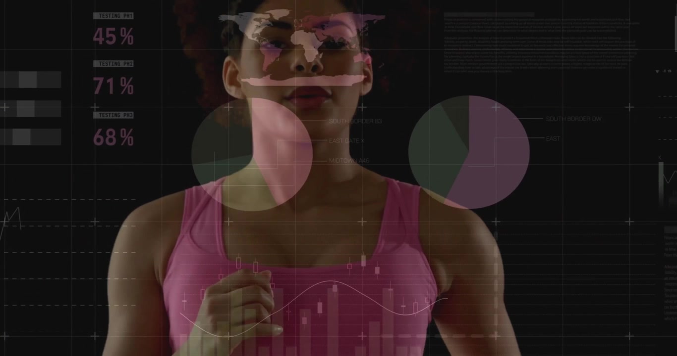 Adult woman shifting weight and raising hand activating fitness data panels while running in place