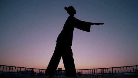 woman practicing tai chi at sunset