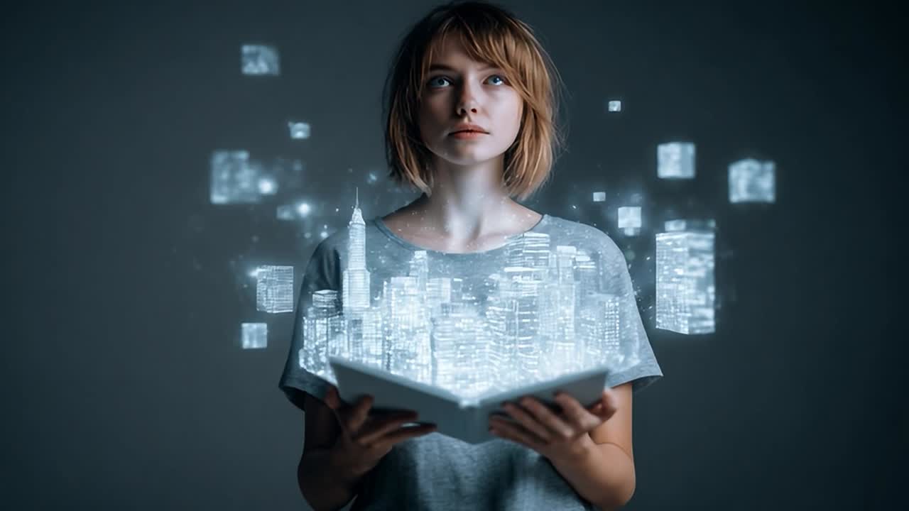 Donna mostra un paesaggio urbano futuristico in un ologramma digitale