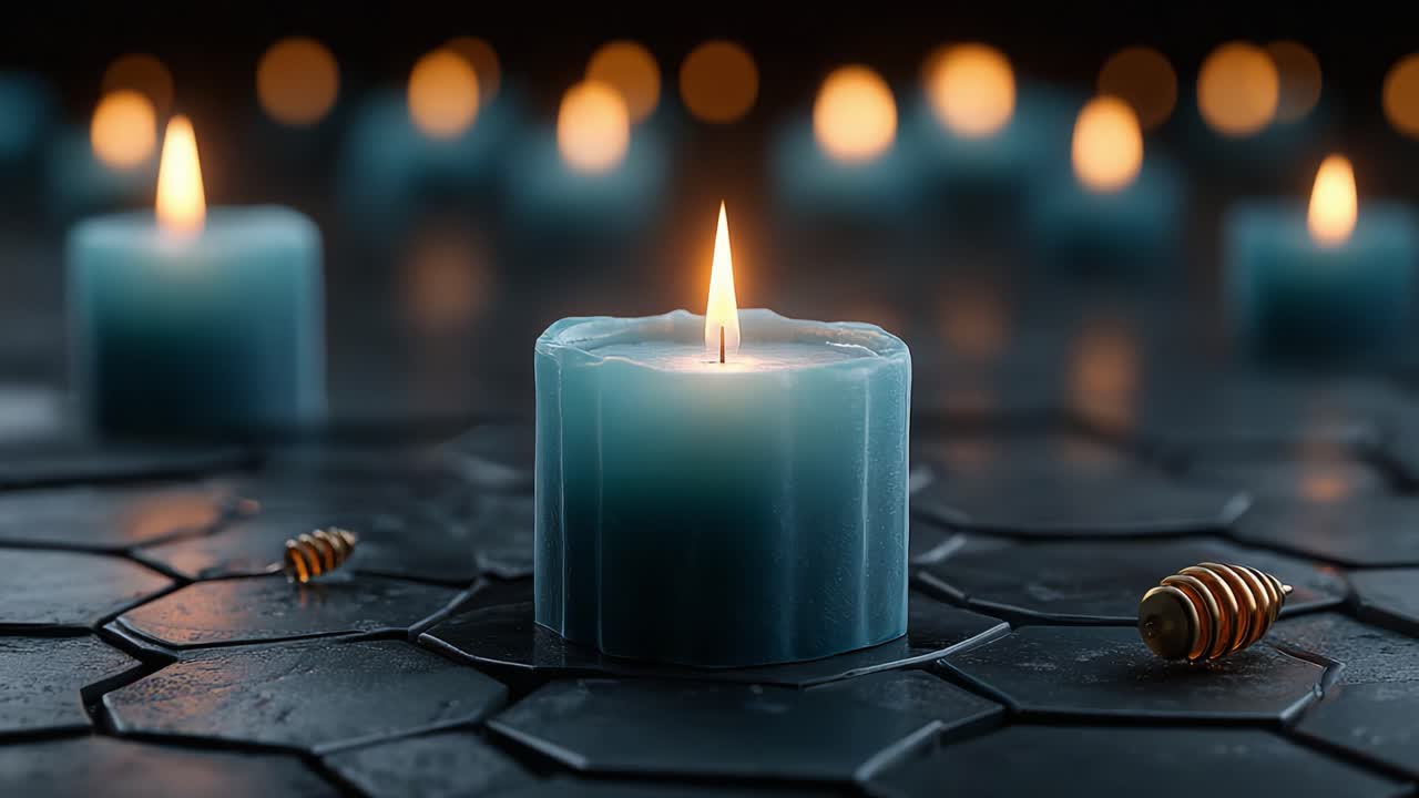 Una rappresentazione affascinante di candele blu luminose su una superficie esagonale scura, che illumina lo spazio con una luce soffusa e calda per un'atmosfera tranquilla