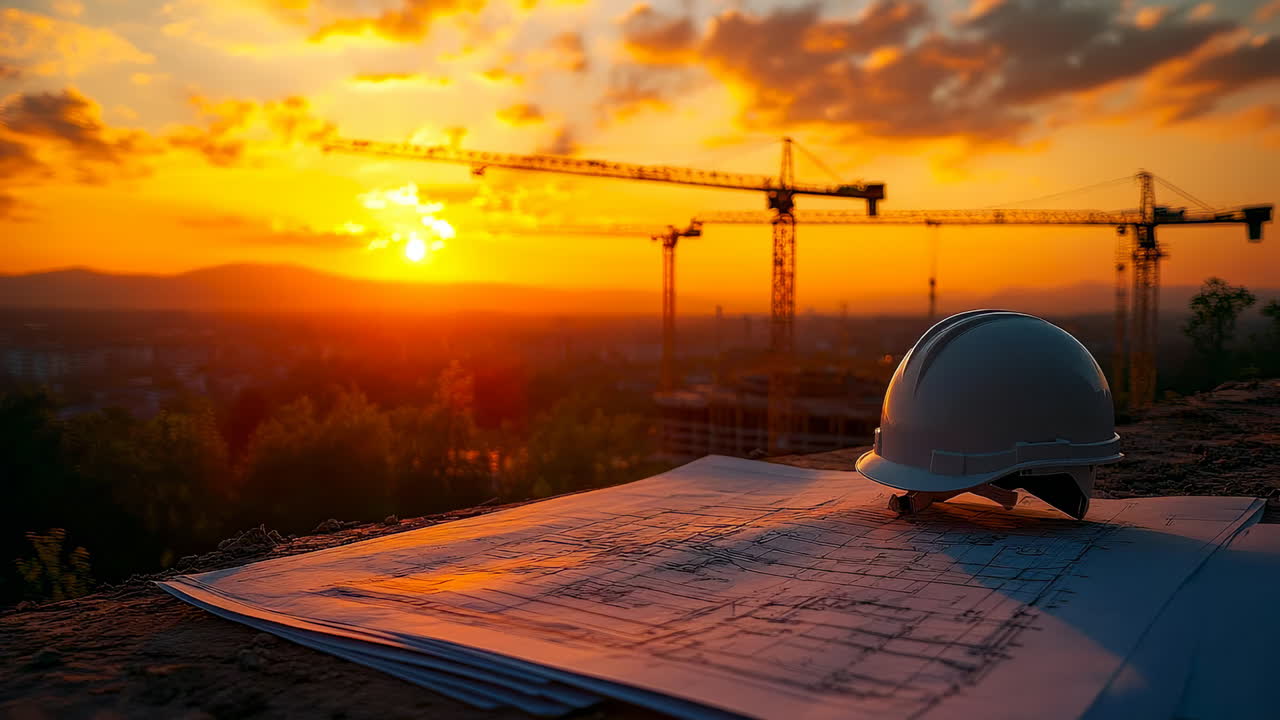 Sunset at the construction site. Blueprints on a table, a hard hat nearby, and cranes silhouetted by a vibrant sunset