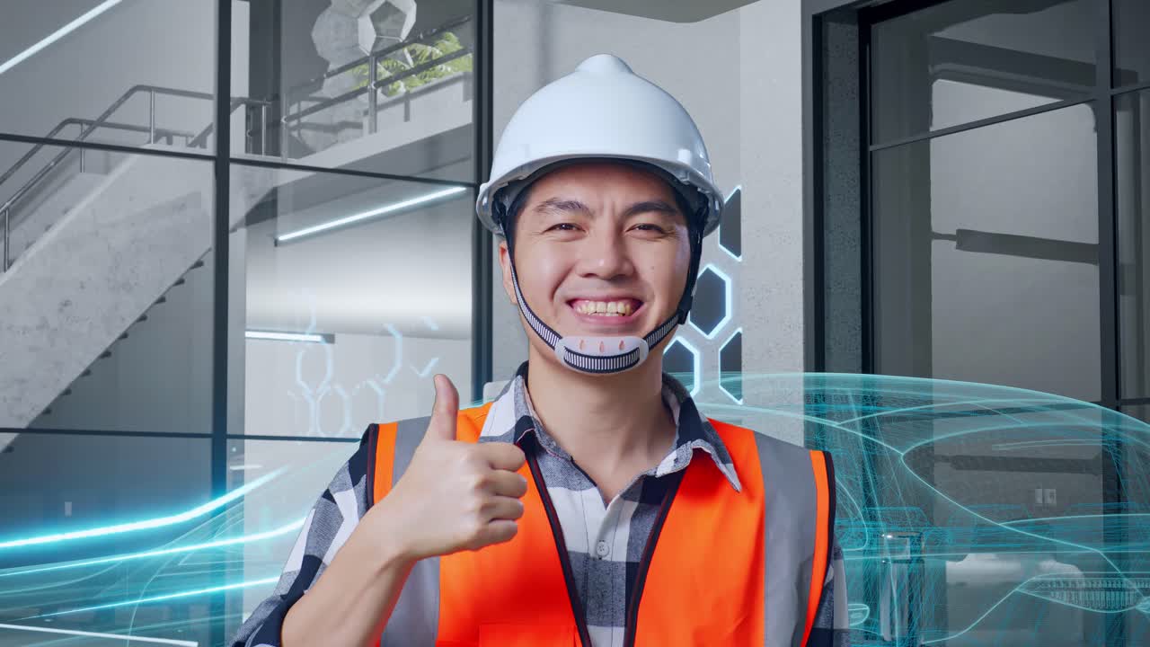 안전 헬을 입은 아시아 남성 엔지니어가 미소 짓고 엄지손가락을 올리며 카메라에 제스처를 하고 있다.