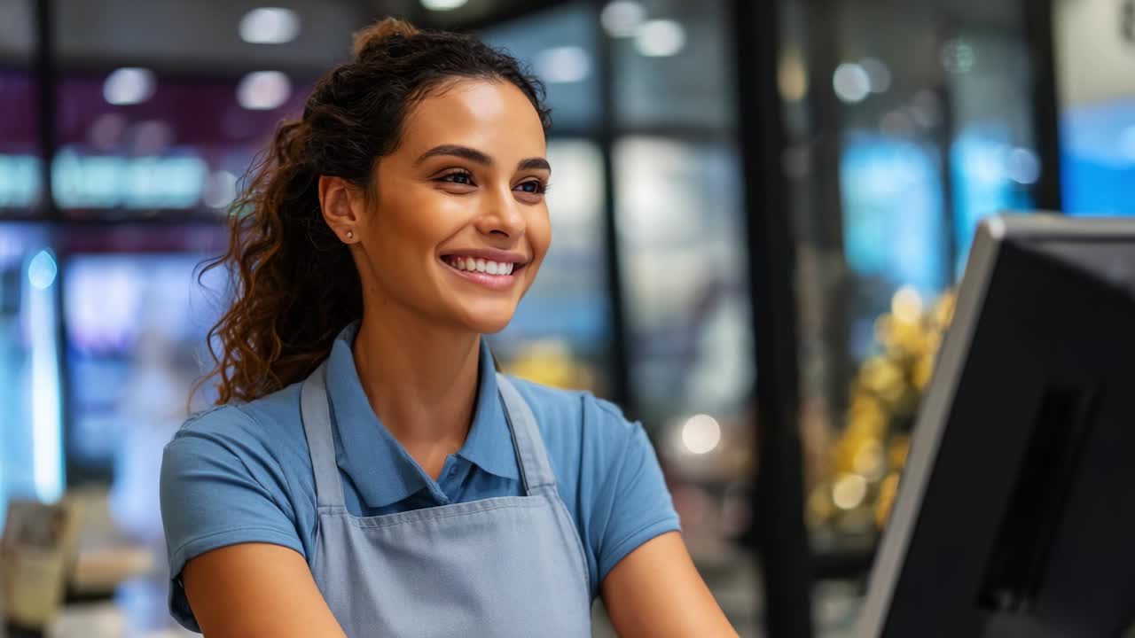 A cheerful cashier, expertly managing transactions at the register while engaging with customers, showcasing excellent service skills and a warm smile in a modern retail environment