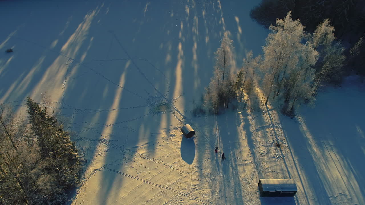 사람들은 일출에 시골 숲 환경에서 겨울에 눈 속에서 걷는다