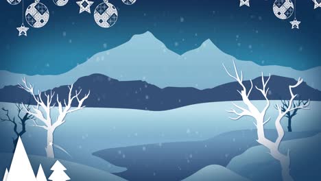 Animation-of-snow-falling-over-christmas-decoration-and-with-winterer-view