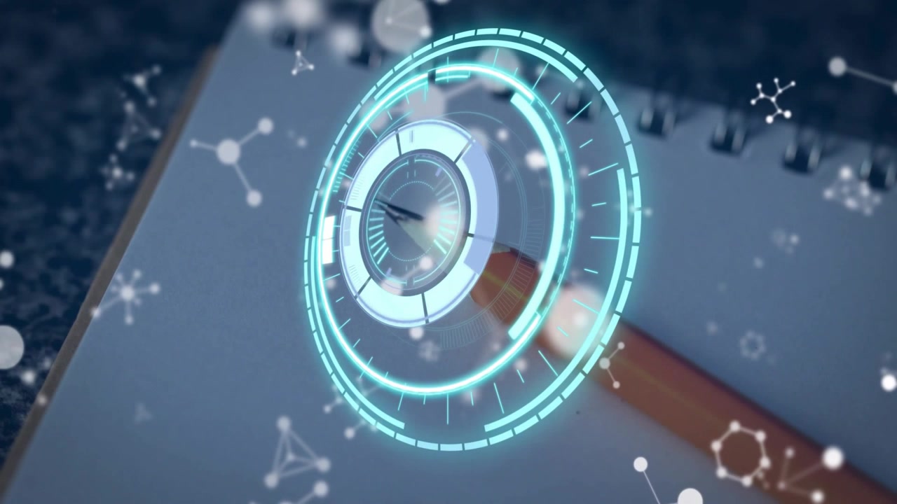 Turquoise HUD appearing over tablet, aligning to stylus, intensifying, rotating, settling for tech