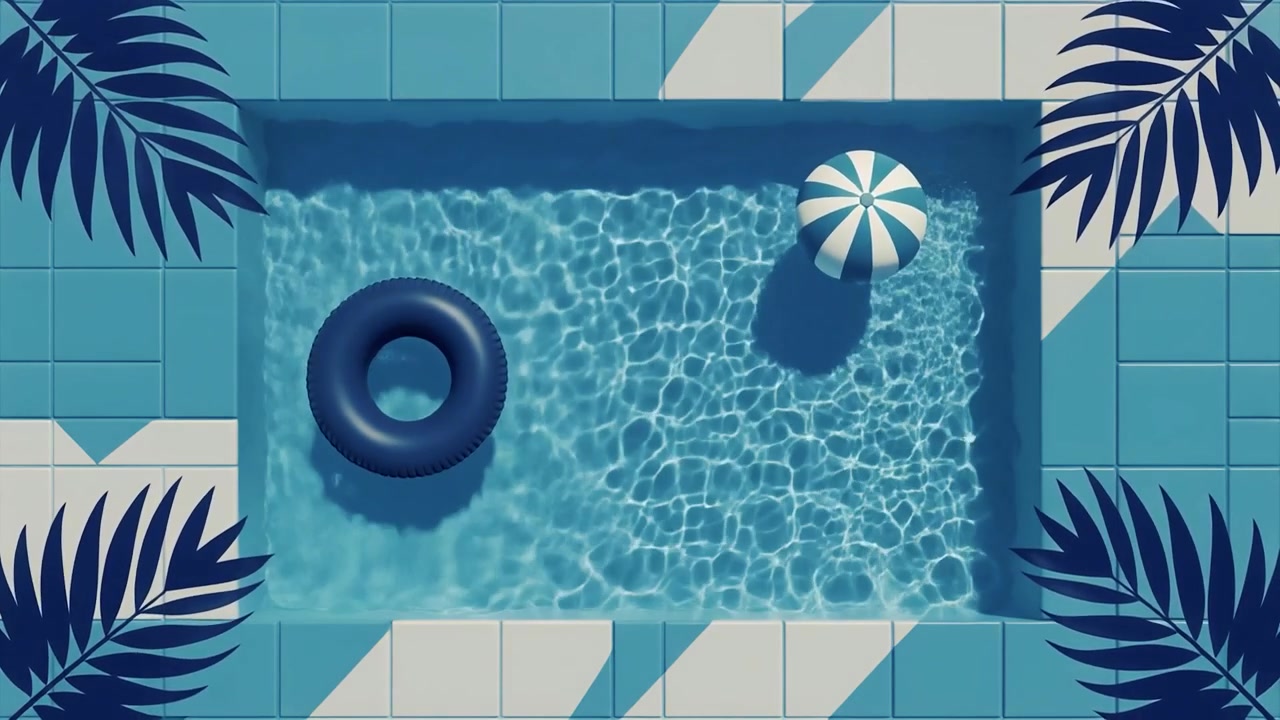 Aerial View of Swimming Pool with Inflatable Ring and Beach Ball