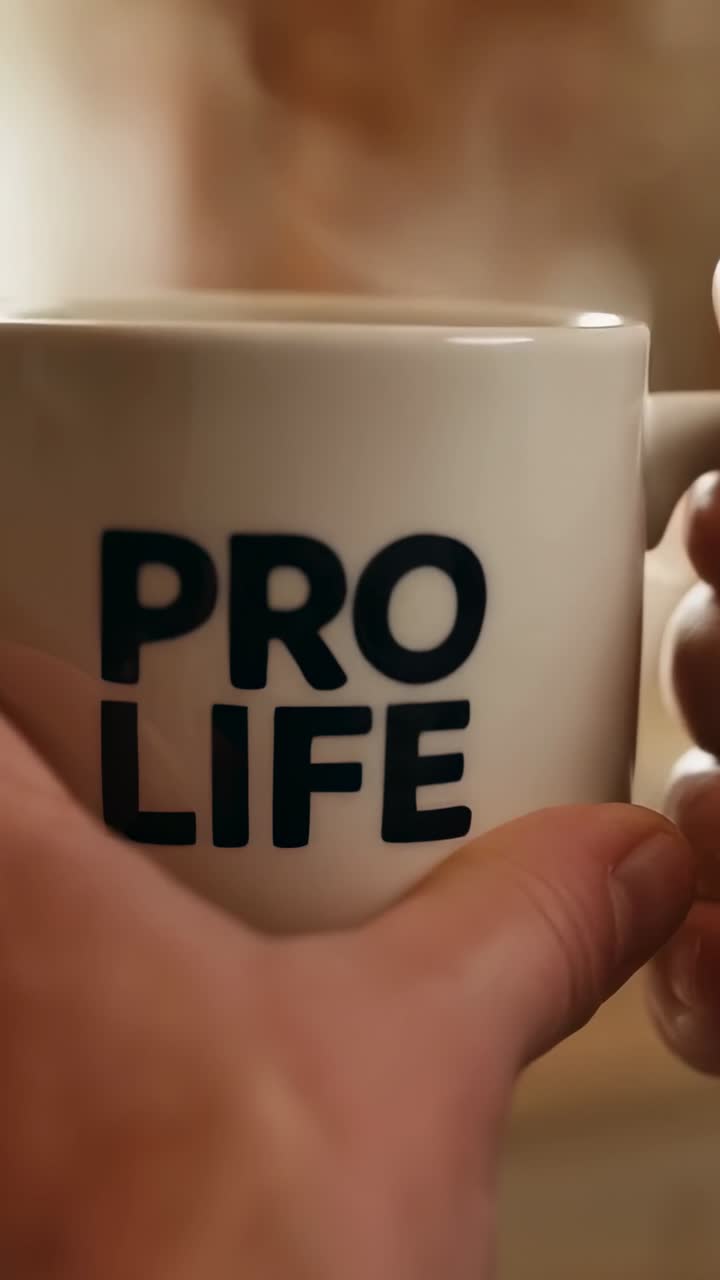 Video verticale: inquadratura di mani adulte che afferrano e stabilizzano una tazza in cucina per mostrare PRO LIFE