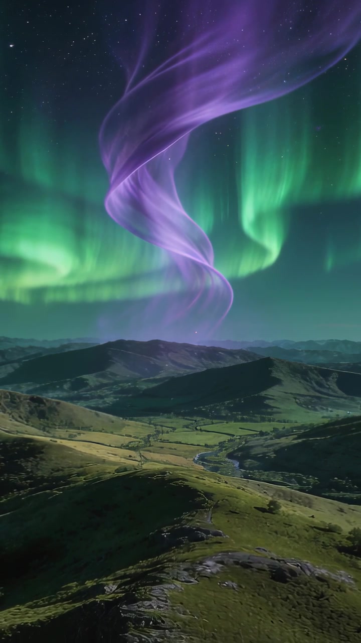 Video verticale: Nastro che parte, spirale viola che si attorciglia nella valle di notte, illuminando tende verdi.