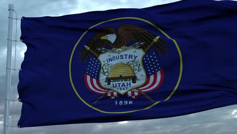 flag of utah waving in the wind against deep beautiful clouds sky