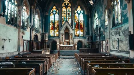 a church with stained glass windows and pews in it