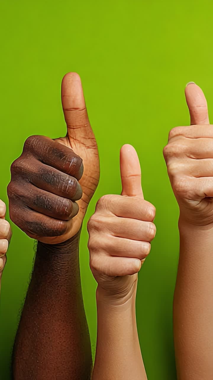 A Captivating Display of Unity: A Diversity of Hands Showing Thumbs Up Against a Vibrant Green Background, Celebrating Positivity and Togetherness