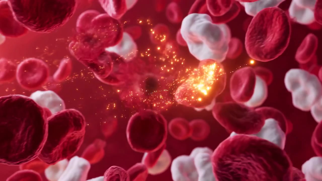 Glowing orange particles stream and swirl among drifting blood cells while red disc shapes and pale rounded forms move through frame in layered depth against a rich crimson background.