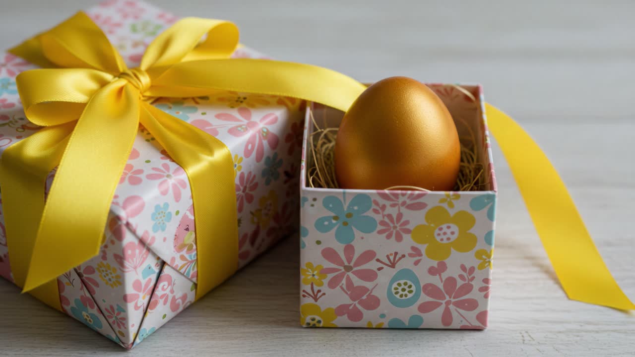 A Delightful Surprise: Golden Egg Nestled in a Beautifully Wrapped Gift Box with a Floral Design and Bright Yellow Ribbon for Celebrations