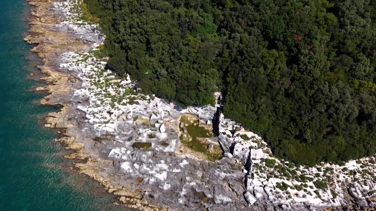 Rosoiset valkoiset kalkkikivikalliot reunustavat Kroatian karua Istrian rannikkoa, tiheän vihreän mäntymetsän kruunatessa sään kuluttamia kallioita syvän turkoosin Adrianmeren yllä. Ilmakuva dronella ylhäältäpäin