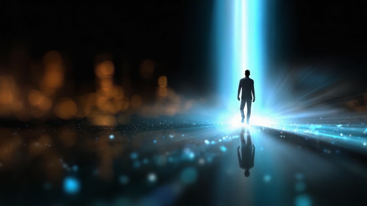 A figure standing solitary in a luminous beam of light, surrounded by a glimmering landscape that reflects an atmospheric sense of mystery and surreal exploration