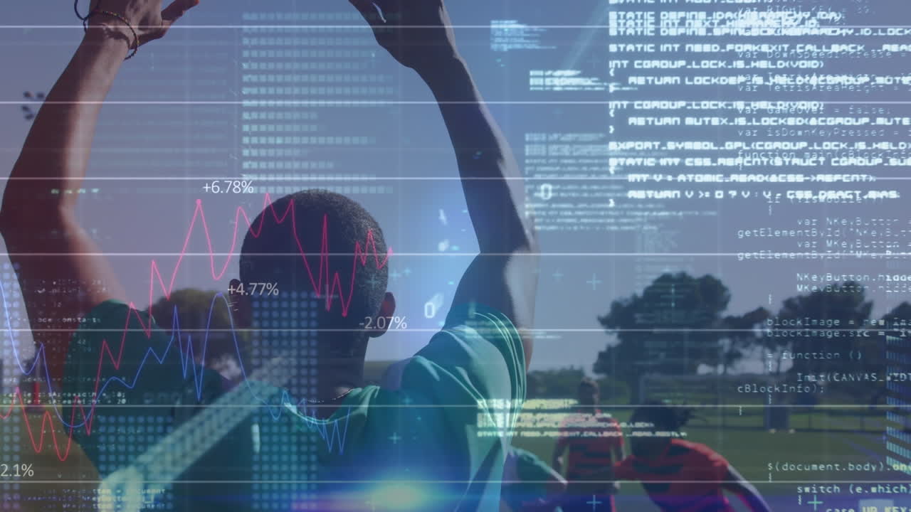 Animation of financial data processing over diverse football players on pitch