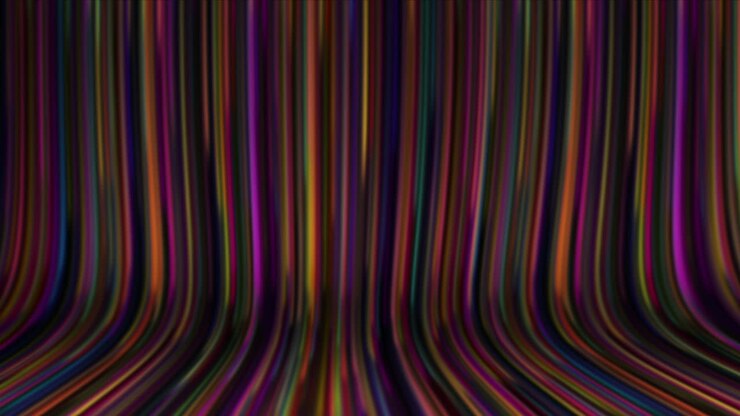 Thick rainbow light stripes grow in size dropping from top to bottom curved background