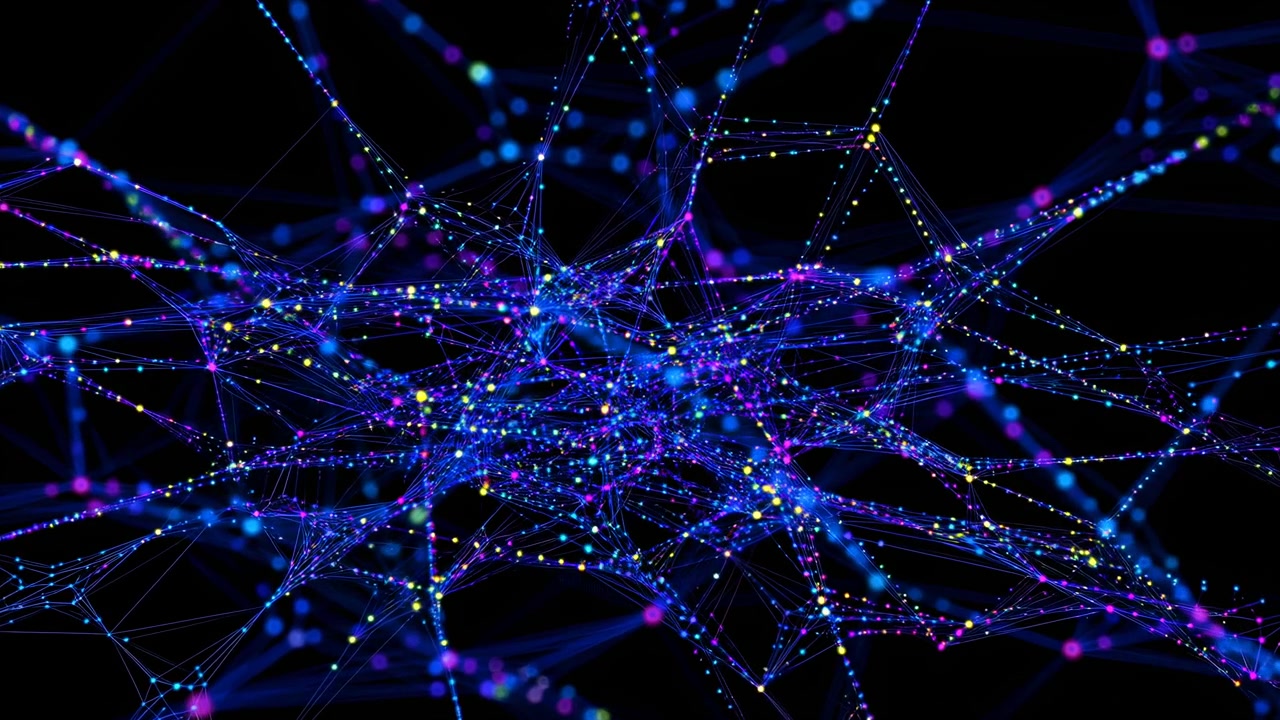 Panoramic motion of luminous network showing dense central cluster of thin blue and purple filaments studded with glowing cyan, magenta, yellow, and green nodes, creating vivid depth and energetic