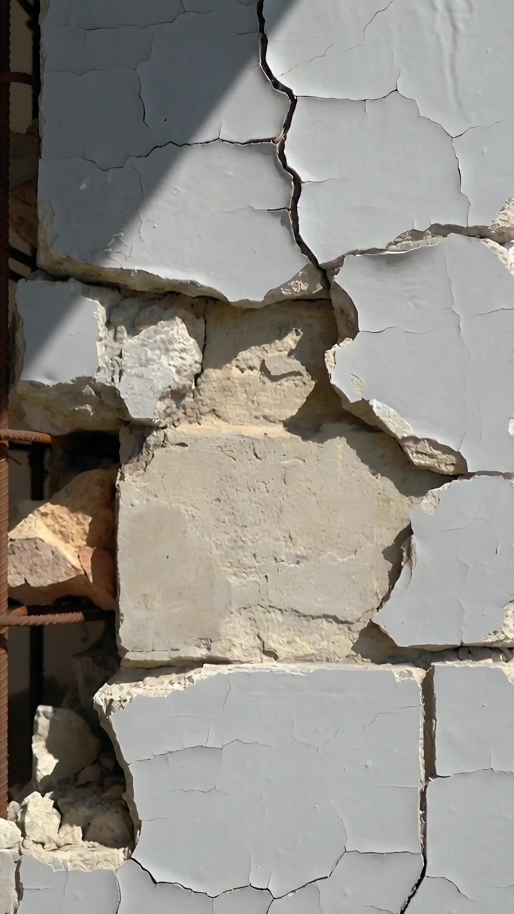 Vertical video: Recording camera nudging capturing peeling wall at facade for survey showing rebar