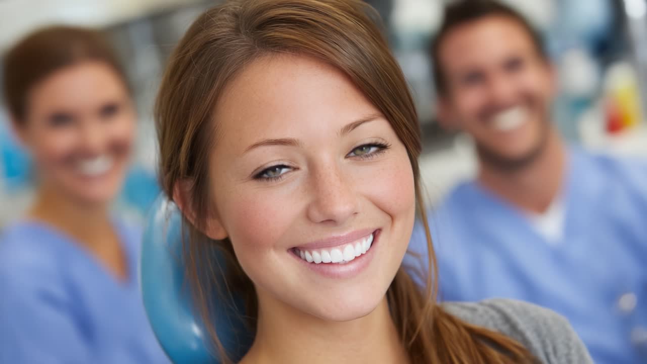 Un paziente felice che sorride luminosamente in uno studio dentistico con dentisti sullo sfondo, rappresentando un'esperienza positiva presso la clinica dentistica.