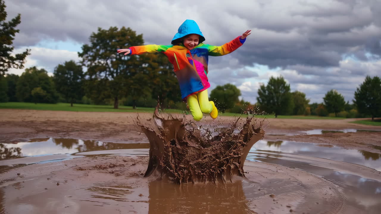 Joyful child jumping and splashing in a muddy puddle