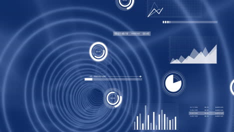 animation of data processing and statistics over blue background