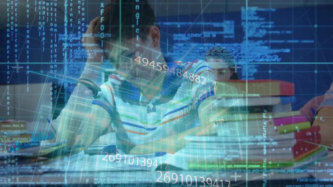 Male student responding to task, leaning, writing in education while floating code overlay shifting