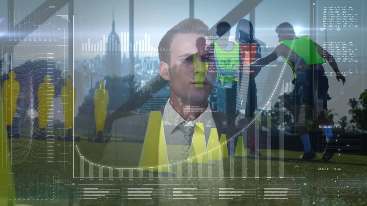 Animation of diverse data and caucasian businessman over diverse male soccer players