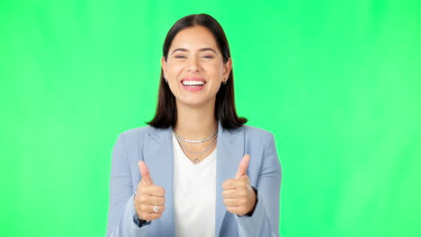 Business-woman,-hands-and-thumbs-up-on-green