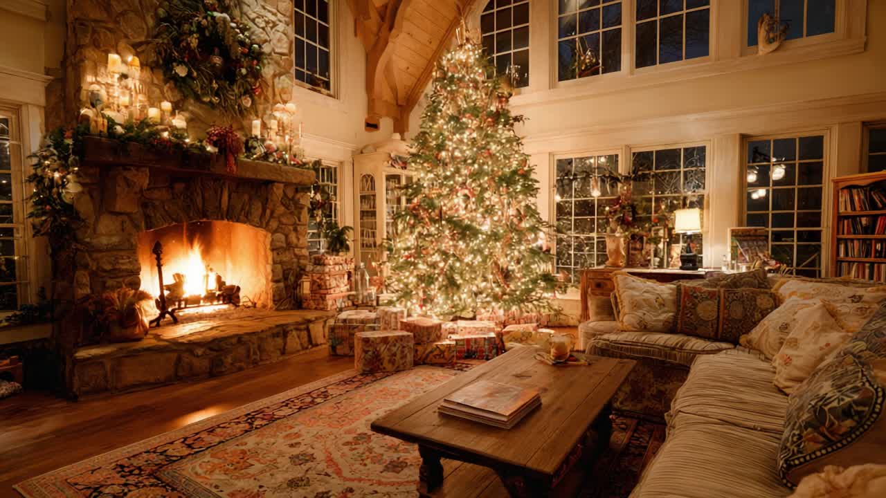 A Cozy Holiday Evening Scene Featuring a Beautifully Decorated Christmas Tree and a Warm Fireplace in a Charming Living Room Setting