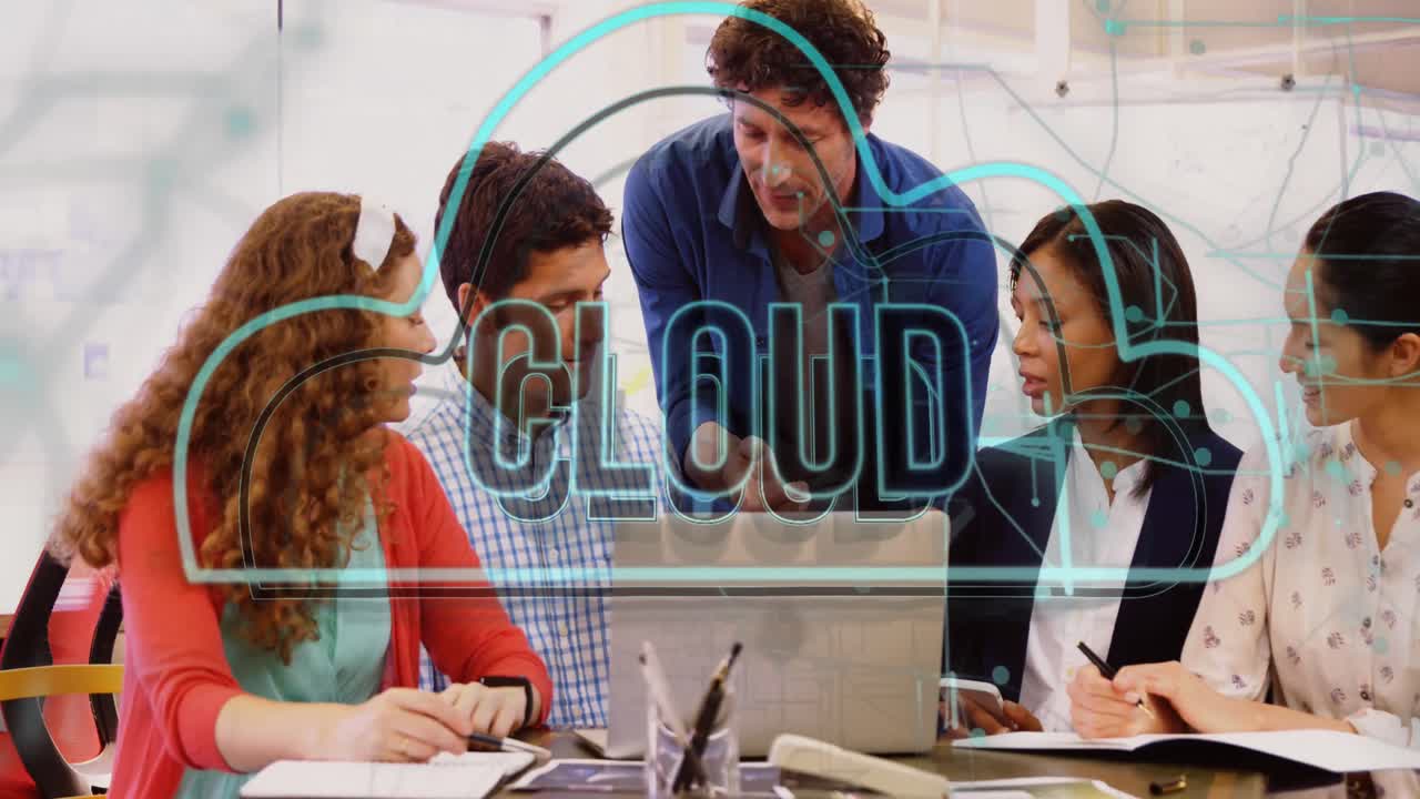 Animation of cloud text banner and icon against diverse colleagues discussing together at office