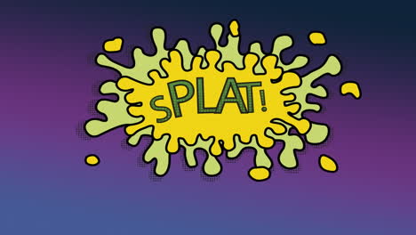 cartoon animation of splat write on a splash with a purple background