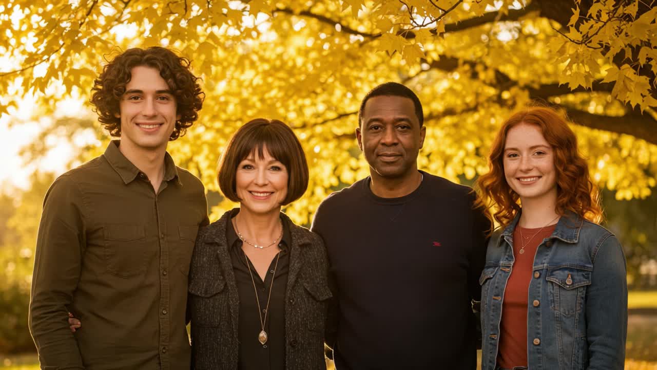 A diverse family portrait outdoors in autumn with yellow leaves