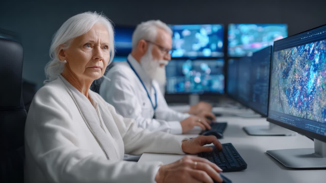 Focused Professionals Analyzing Data and Visualizations in a High-Tech Environment, Showcasing Collaboration and Expertise in a Cutting-Edge Laboratory