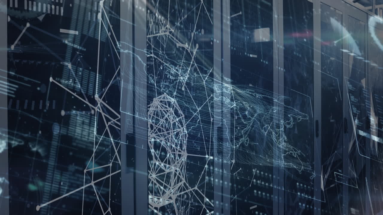 Animation of world map and data processing over server room