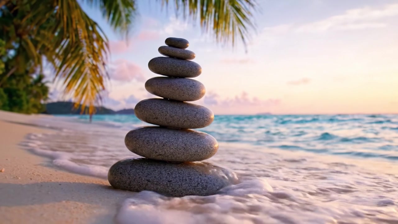 Una Tranquilla Pila di Pietre su una Spiaggia Serena al Tramonto, Circondata da Palme Rigogliose e Onde Delicate, che Evoca Pace e Armonia nella Natura