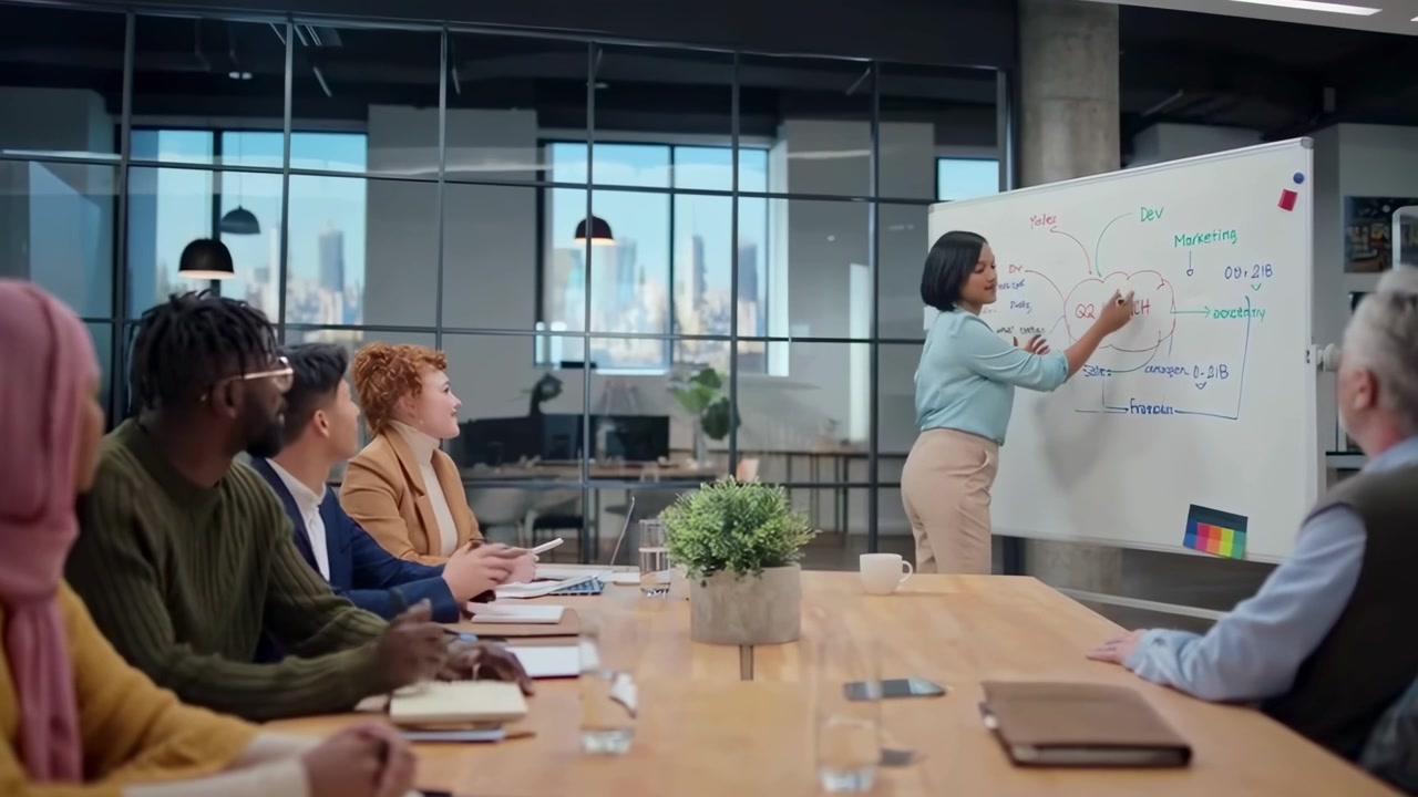 Woman Presenting to Diverse Business Team in Modern Office Meeting