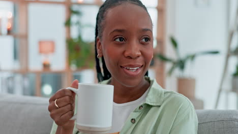 Black-woman,-drink-and-thinking-with-coffee