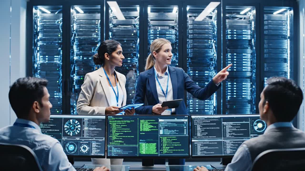 It engineers and managers working in server room managing data center