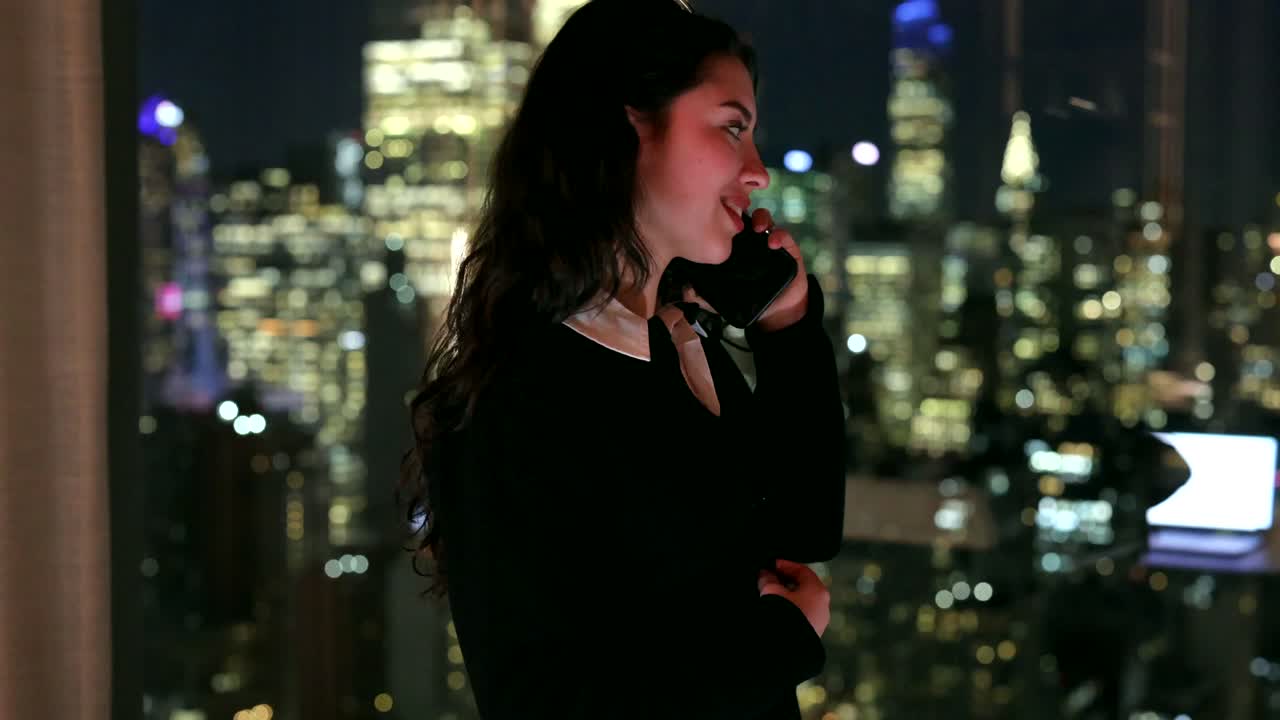 Mulher falando ao telefone com luzes da cidade ao fundo