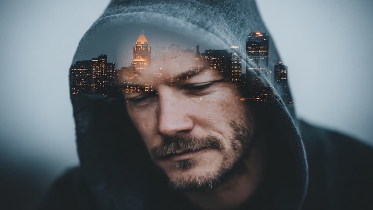 Una figura pensierosa con una felpa con cappuccio e il riflesso di uno skyline urbano, che cattura la profondità di pensieri ed emozioni in un'ambientazione urbana e cruda.
