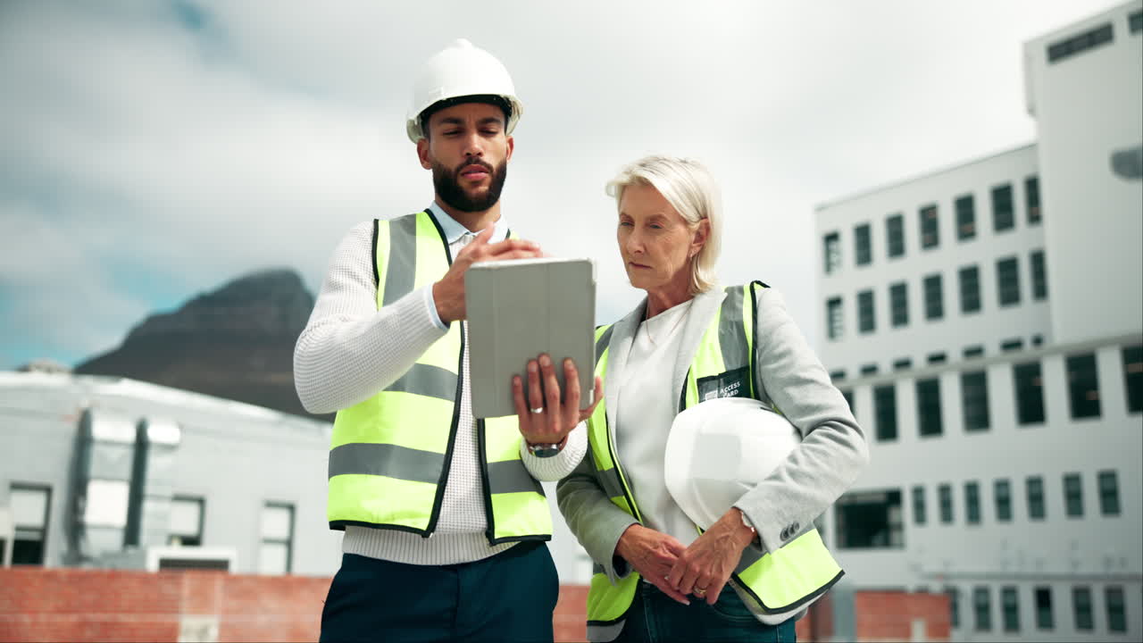 trabajadores de la construcción revisando planes en la tableta