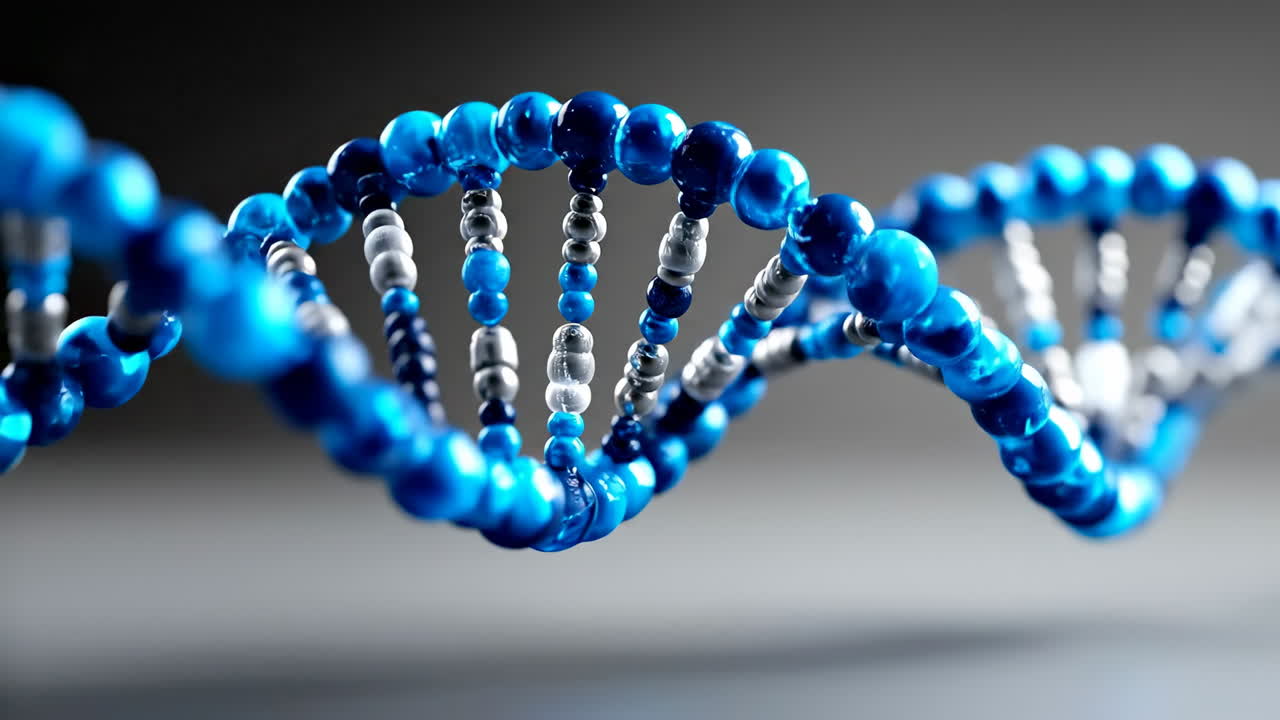 DNA's blue structure. Close-up view of a DNA structure made with blue and silver beads, showcasing its helical shape and scientific beauty