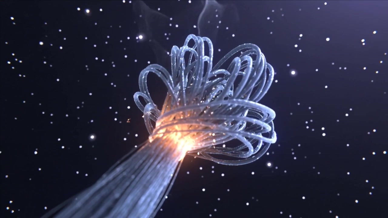 Telecamera che si allontana rivelando una corona di steli intrecciati mentre un nucleo arancione pulsa, emettendo scintille e fumo nello spazio