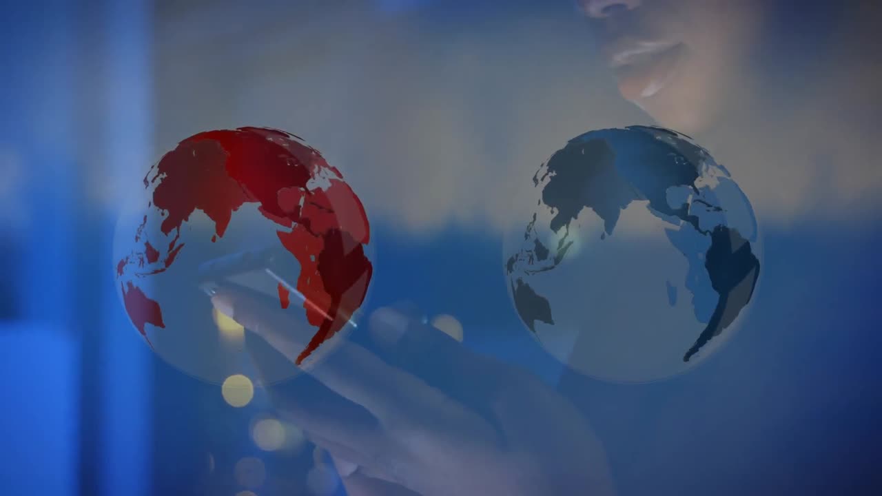 스마트 폰을 사용하는 사업가 여성에 대한 데이터 처리와 함께 지구상의 애니메이션